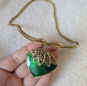 VTG Green Enamel and Gold Costume Necklace